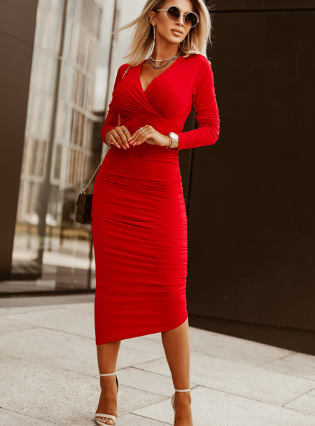 Fiery Red Wrap V Neck Ruched Sheath Bodycon Dress