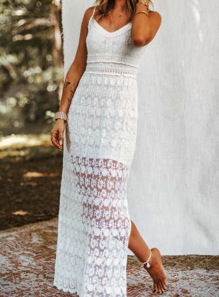 White Lace Lined Maxi Dress with Slits