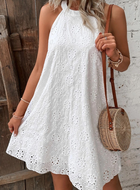 White Boho Halter Neck Sleeveless Dress